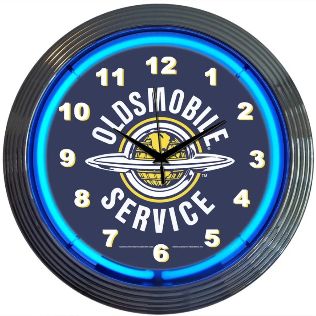 GM Oldsmobile Service Neon Clock with chrome-finished rim and illuminated neon tube