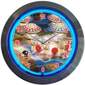 Pinball Neon Clock with chrome-finished rim and illuminated neon tube
