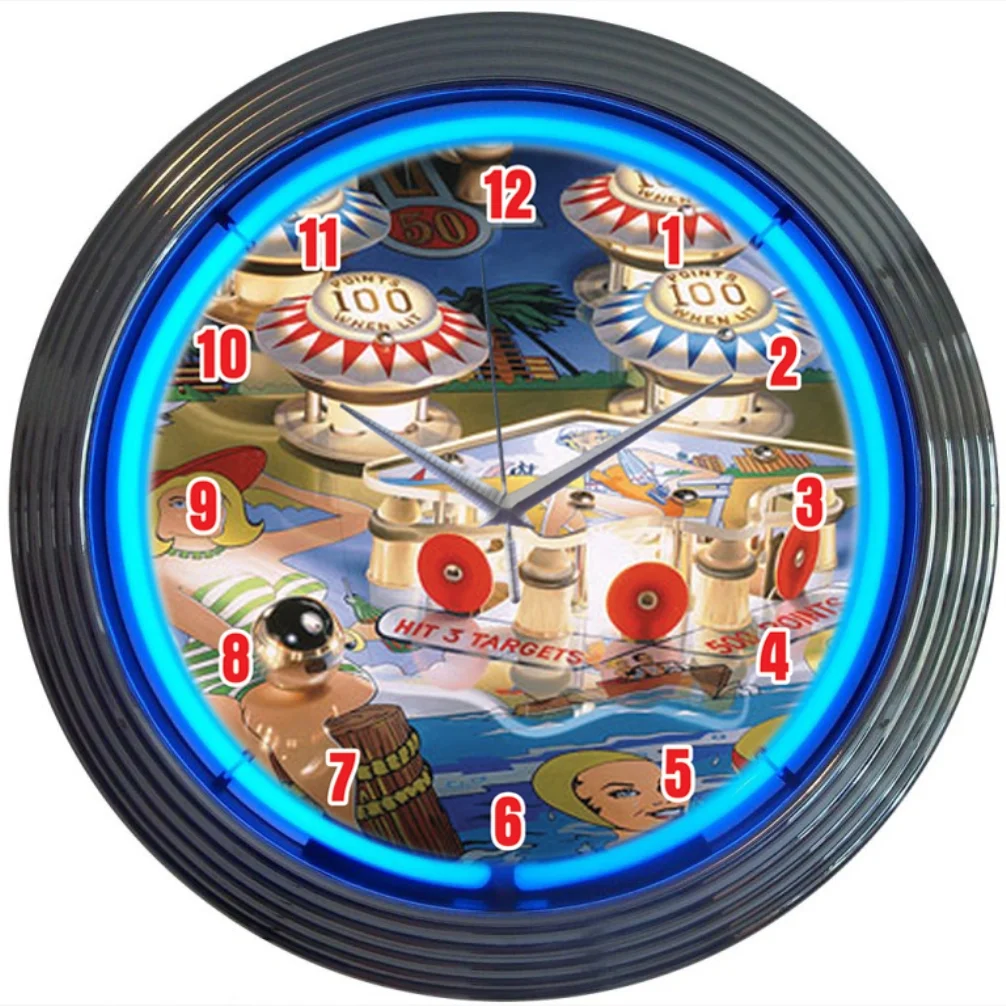 Pinball Neon Clock with chrome-finished rim and illuminated neon tube