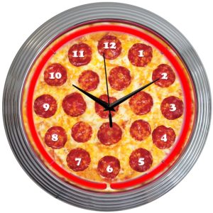 Pizza Neon Clock with chrome-finished rim and illuminated neon tube