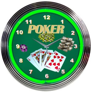 Poker Green Neon Clock with chrome-finished rim and illuminated neon tube
