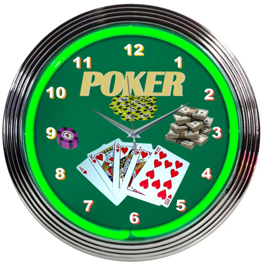Poker Green Neon Clock with chrome-finished rim and illuminated neon tube