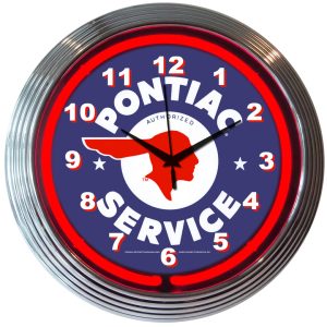 GM Pontiac Service Neon Clock with chrome-finished rim and illuminated neon tube