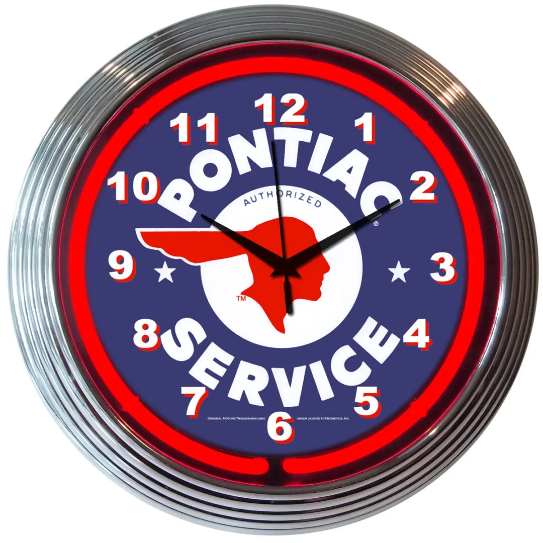 GM Pontiac Service Neon Clock with chrome-finished rim and illuminated neon tube