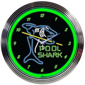 Pool Shark Neon Clock with chrome-finished rim and illuminated neon tube