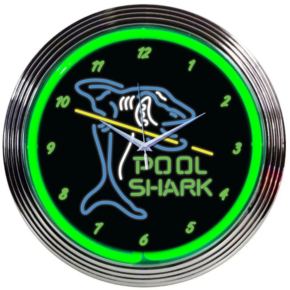 Pool Shark Neon Clock with chrome-finished rim and illuminated neon tube