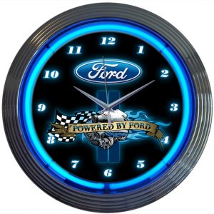Powered By Ford Neon Clock with chrome-finished rim and illuminated neon tube