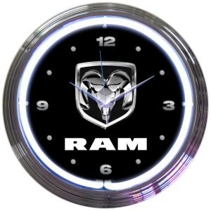 RAM Neon Clock with chrome-finished rim and illuminated neon tube