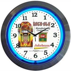Rock-Ola Jukebox Neon Clock with chrome-finished rim and illuminated neon tube