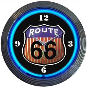 Route 66 Round Neon Clock with chrome-finished rim and illuminated neon tube