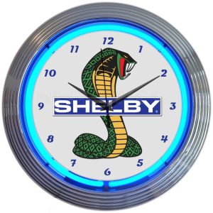 Shelby Cobra Ford OLP Mustang Neon Clock with chrome-finished rim and illuminated neon tube