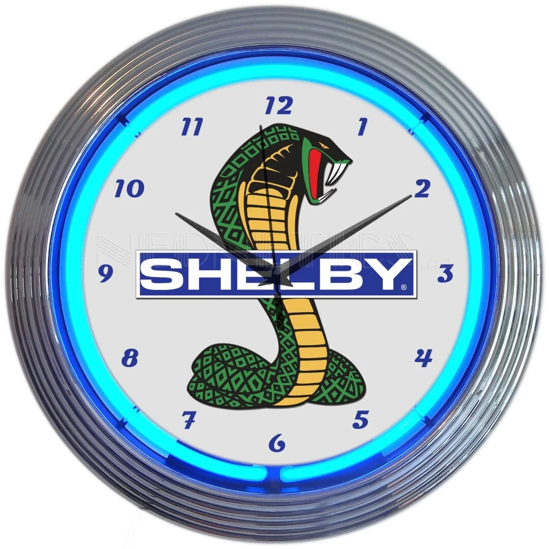 Shelby Cobra Ford OLP Mustang Neon Clock with chrome-finished rim and illuminated neon tube