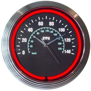Speedometer Neon Clock with chrome-finished rim and illuminated neon tube