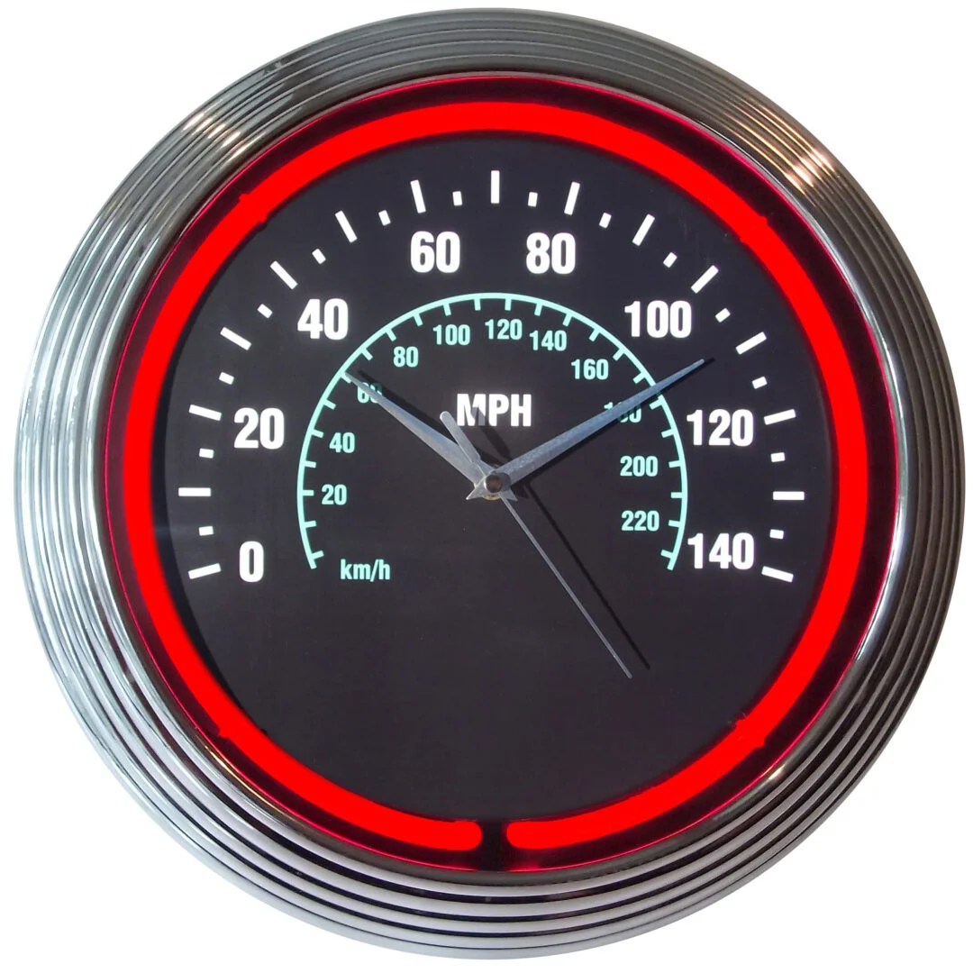 Speedometer Neon Clock with chrome-finished rim and illuminated neon tube