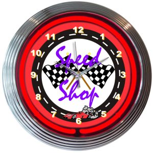 Speed Shop Neon Clock with chrome-finished rim and illuminated neon tube