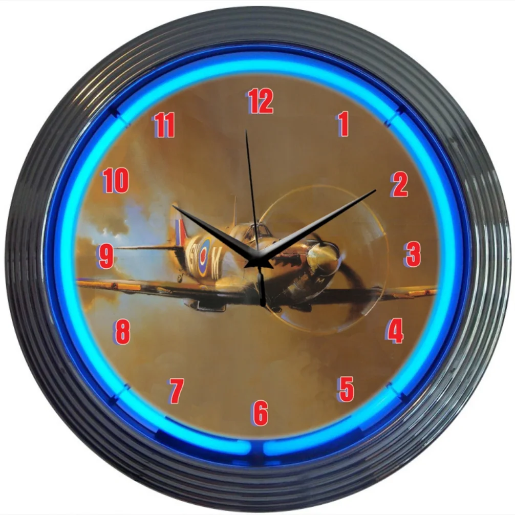 Spit Fire Neon Clock with chrome-finished rim and illuminated neon tube