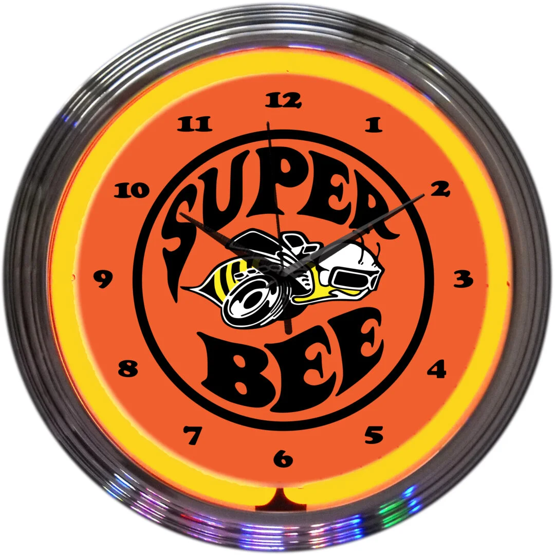 Super Bee Neon Clock with chrome-finished rim and illuminated neon tube