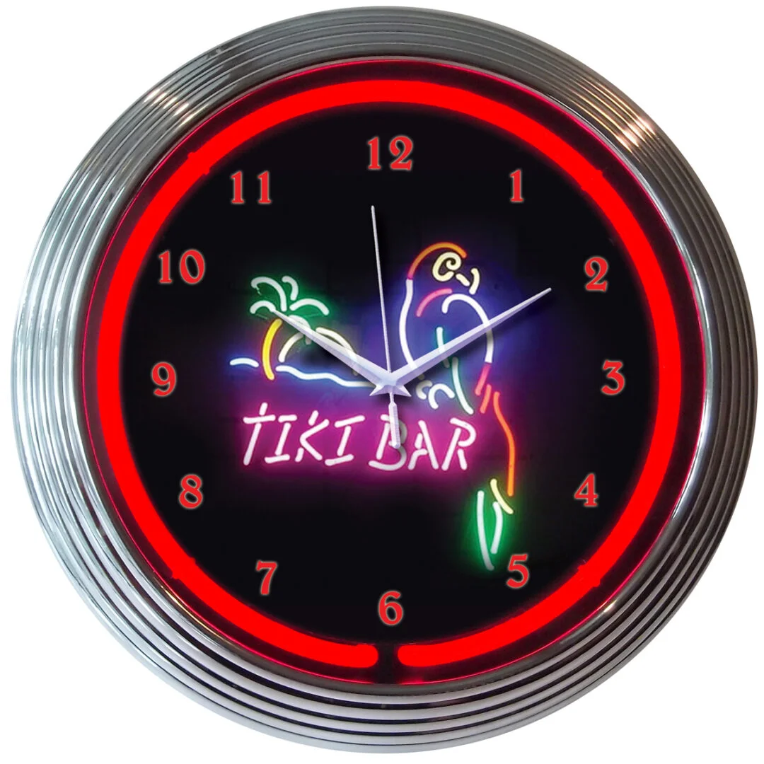 Tiki Bar Neon Clock with chrome-finished rim and illuminated neon tube