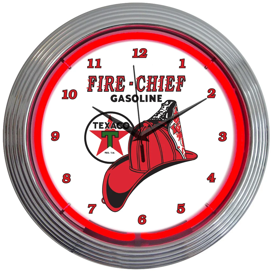 Texaco Fire Chief Neon Clock with chrome-finished rim and illuminated neon tube