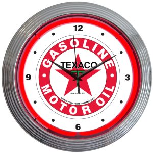 Texaco Gasoline Neon Clock with chrome-finished rim and illuminated neon tube