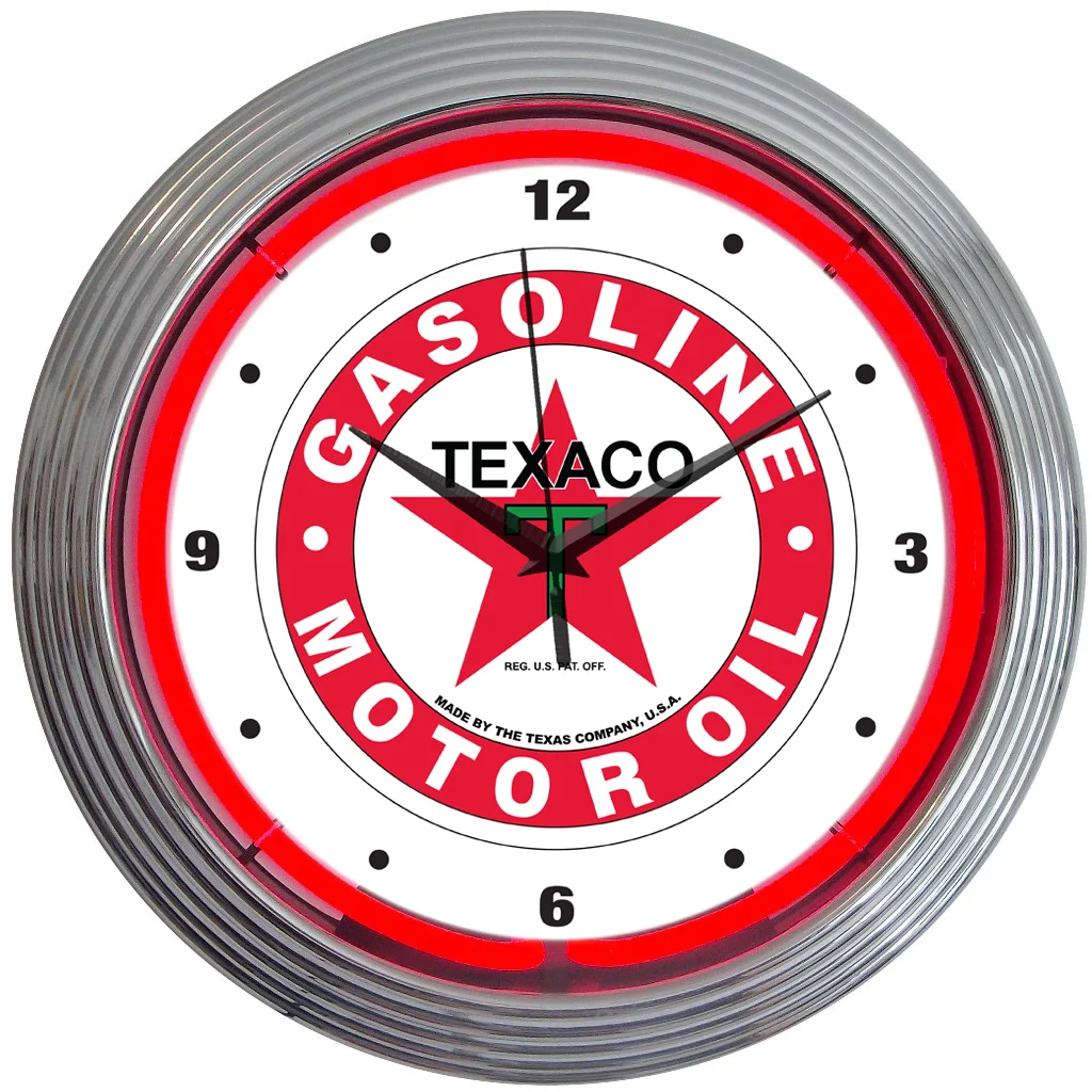 Texaco Gasoline Neon Clock with chrome-finished rim and illuminated neon tube
