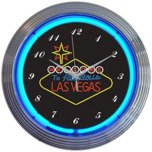 Las Vegas Sign Neon Clock with chrome-finished rim and illuminated neon tube