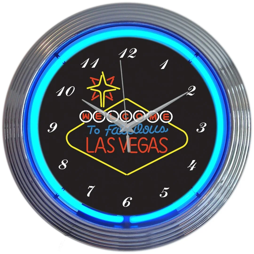 Las Vegas Sign Neon Clock with chrome-finished rim and illuminated neon tube