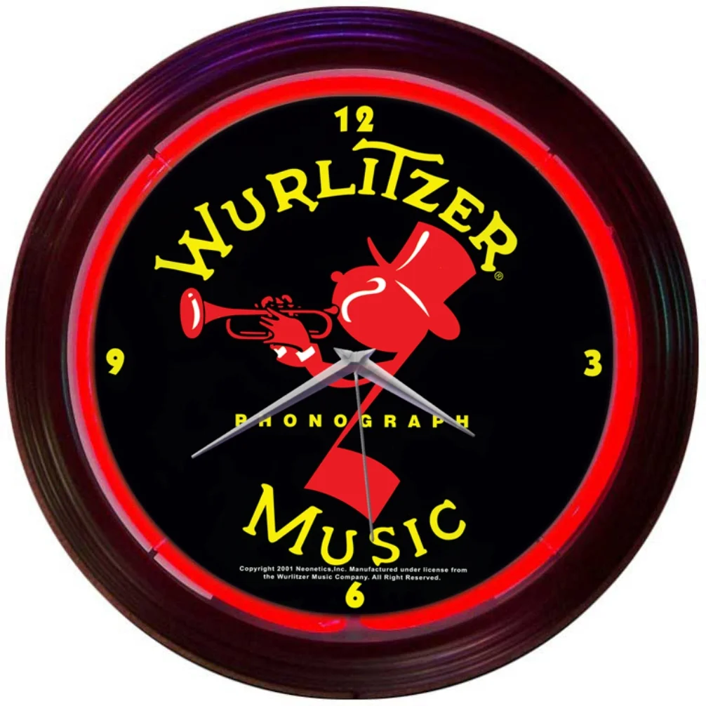 Wurlitzer Johnny One Note Neon Clock with chrome-finished rim and illuminated neon tube