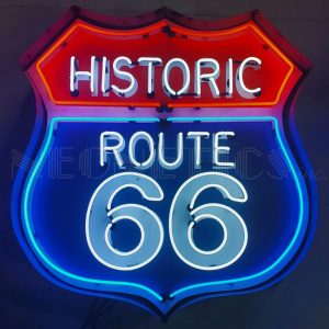 Historic Route 66 Neon Sign In Shaped Steel Can illuminated neon display