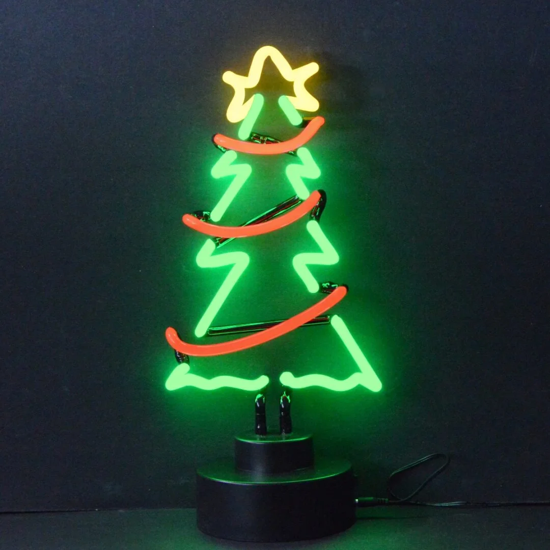 Glowing Christmas tree with garland neon sculpture and star