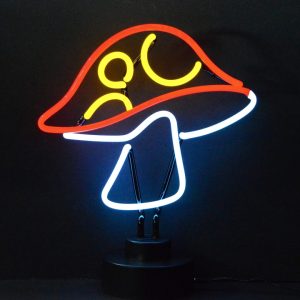 Mushroom neon sculpture glowing red, yellow, and white