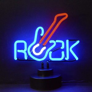 Rock with guitar neon sculpture glowing red, white, and blue