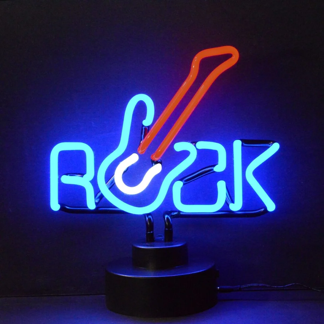 Rock with guitar neon sculpture glowing red, white, and blue