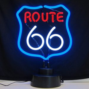 Route 66 neon sculpture glowing red white and blue
