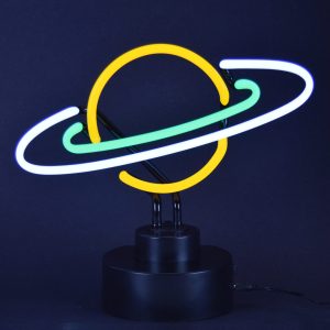 Saturn neon sculpture with green yellow and white tubing