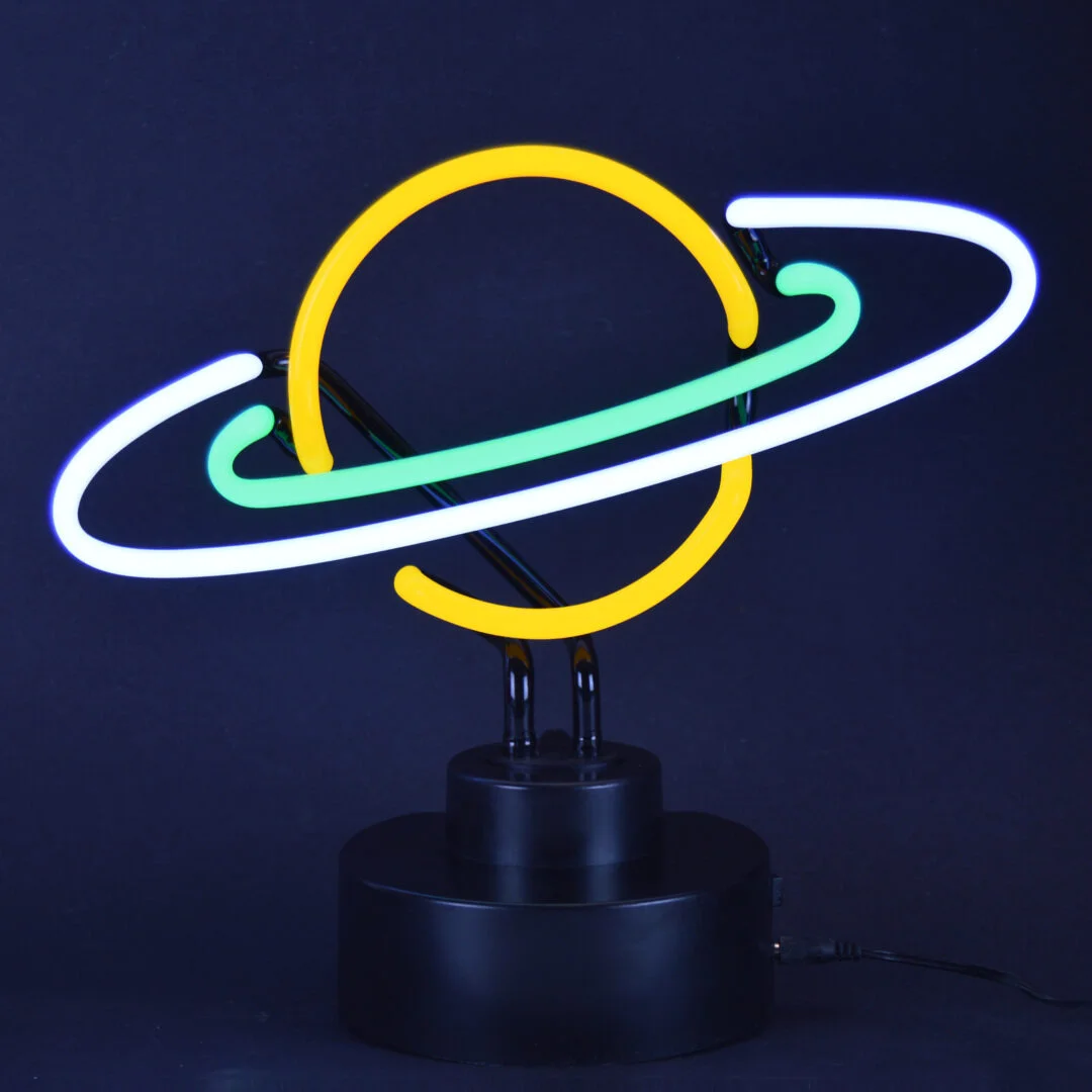 Saturn neon sculpture with green yellow and white tubing