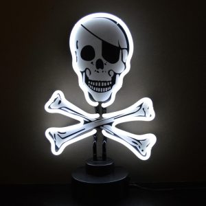 Glowing skull and crossbones neon sculpture on a black base