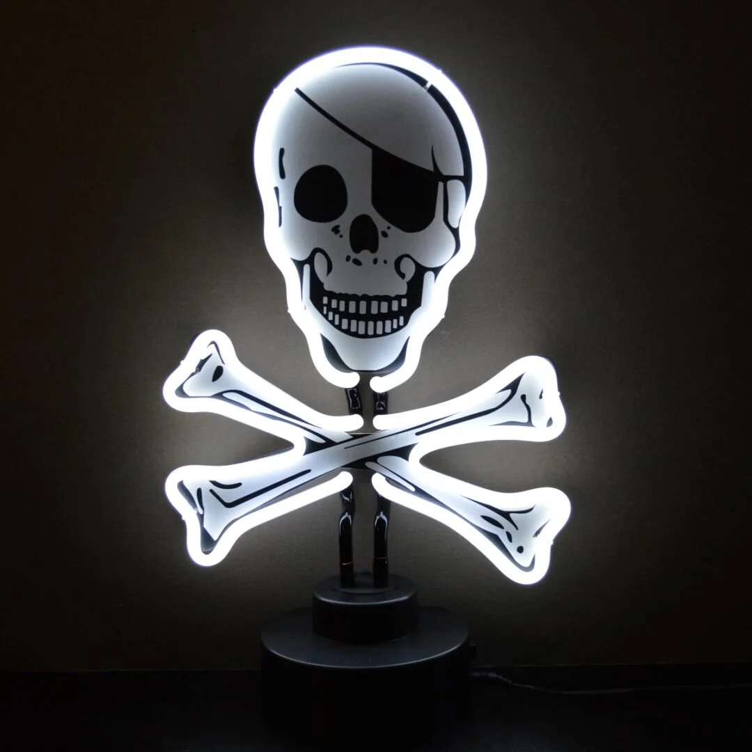 Glowing skull and crossbones neon sculpture on a black base