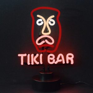 Tiki face neon sculpture with red TIKI BAR lettering