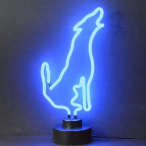 Blue howling wolf neon sculpture on a black display base